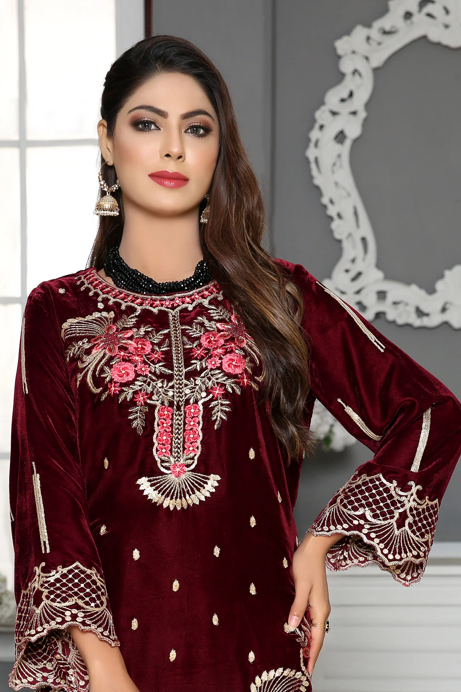 daylily- Embroidered Velvet Unstitch Kurti - Image 2