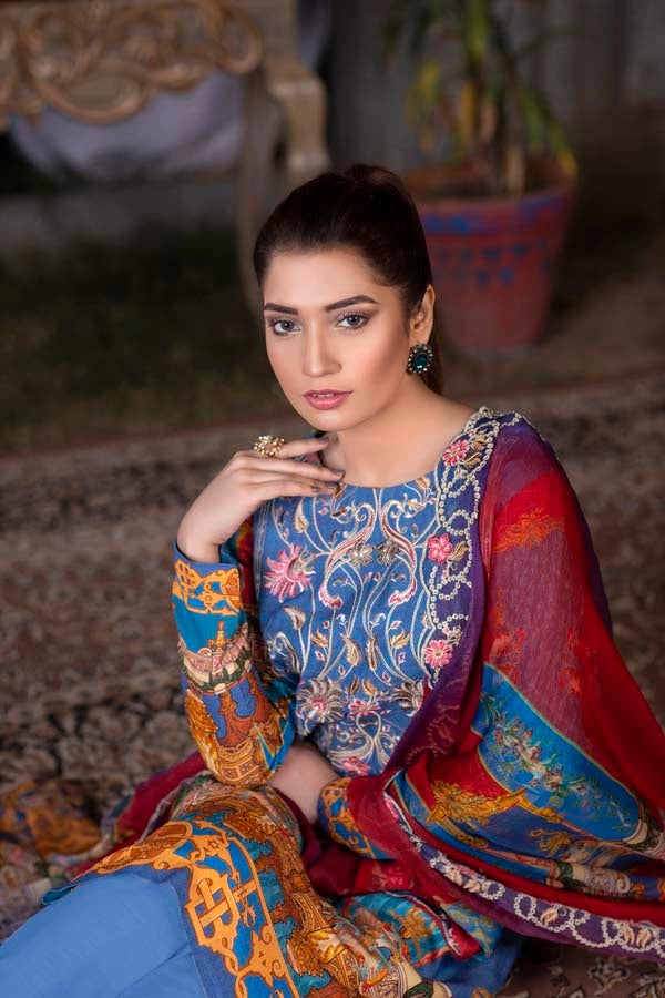 Deep Ocean Digital Printed & Embroidered Karandi 3PC - Image 3