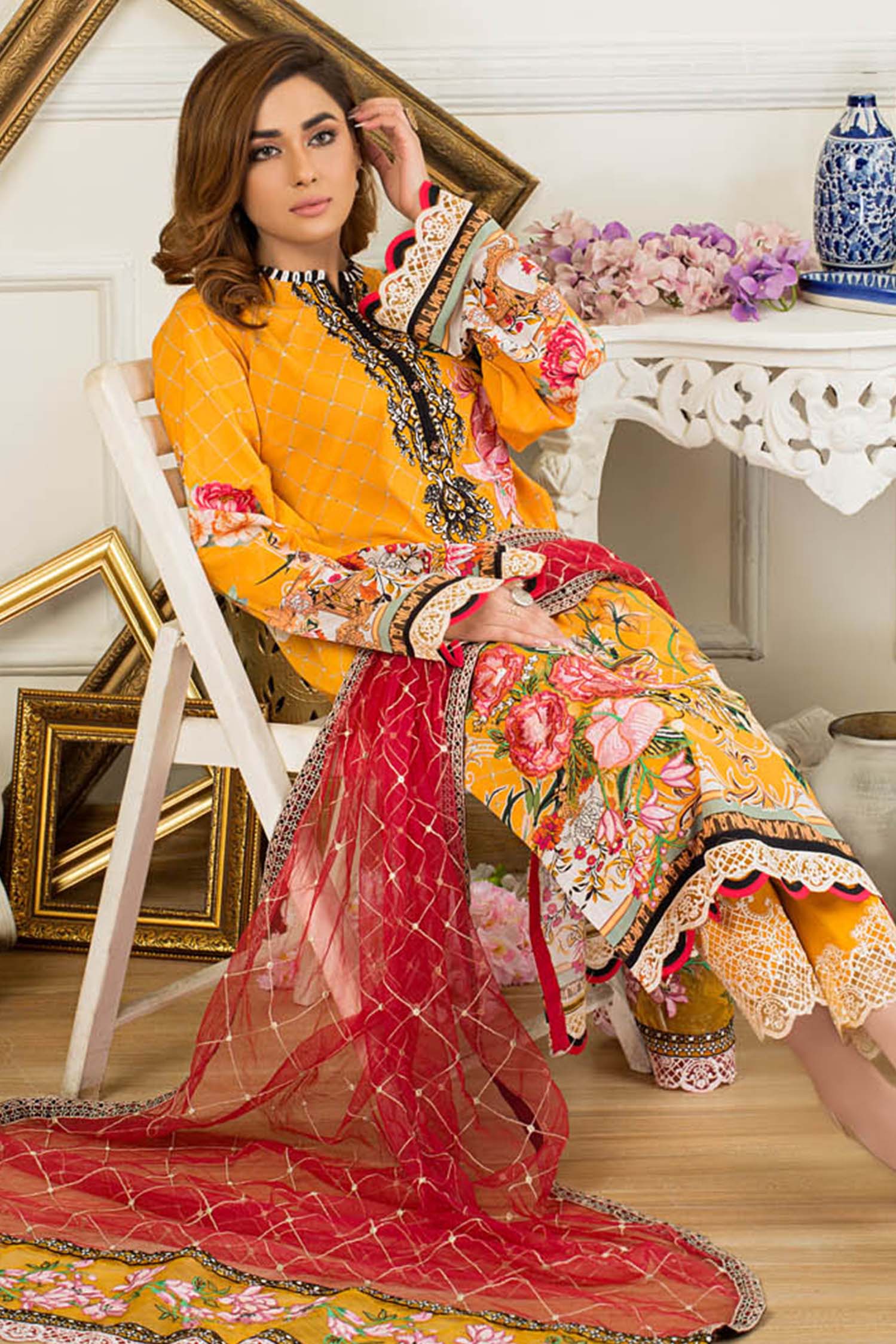 Deep Saffron - Digital Printed & Embroidered Swiss Lawn - Image 3