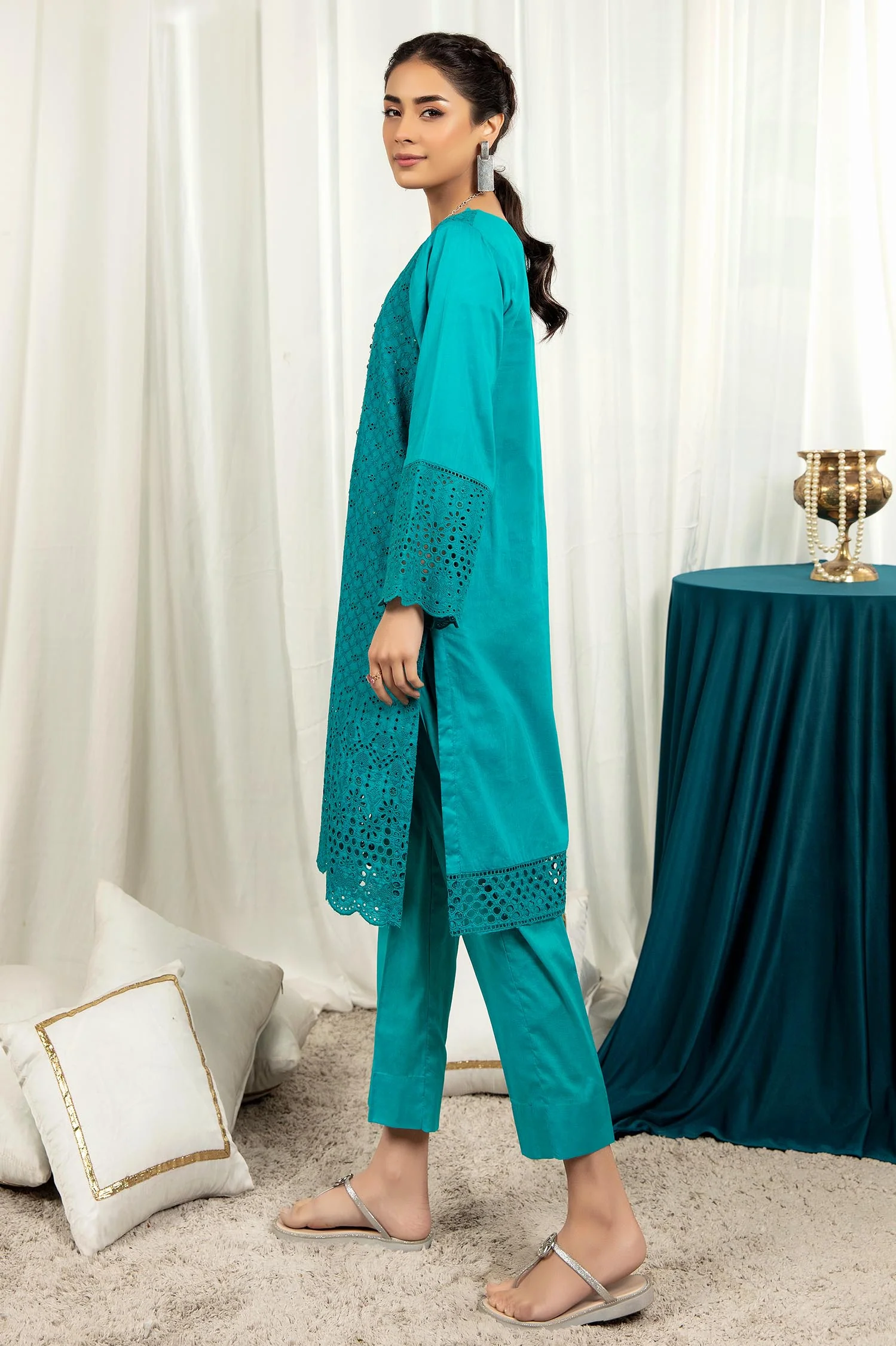 Deep Teal - Embroidered Stitch Chikankari Kurti - Image 2