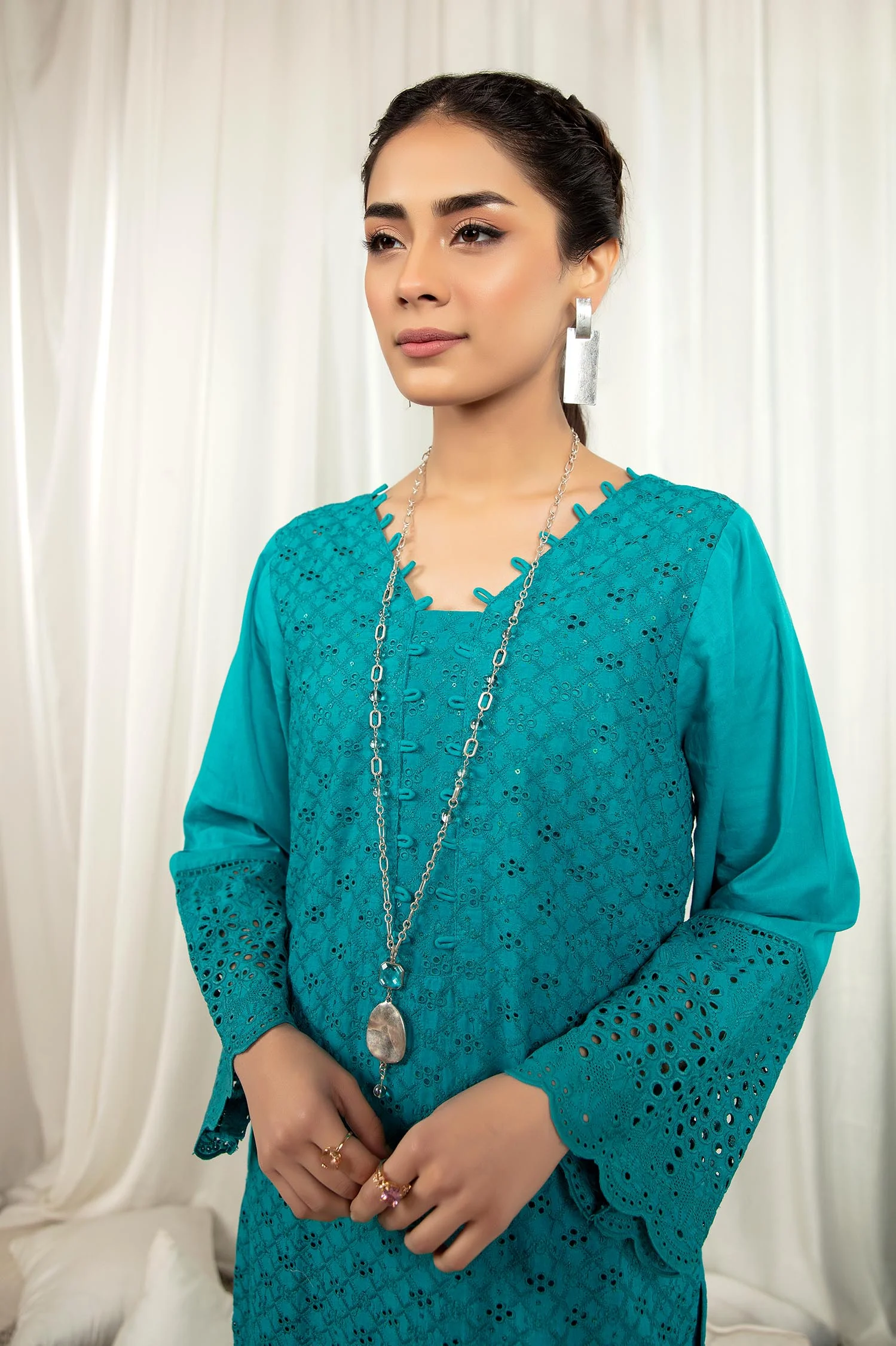 Deep Teal - Embroidered Stitch Chikankari Kurti - Image 3