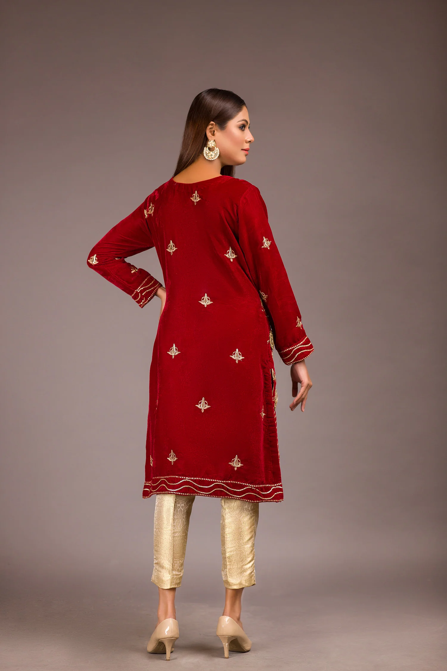 Dense - Embroidered Velvet Unstitch Kurti - Image 2