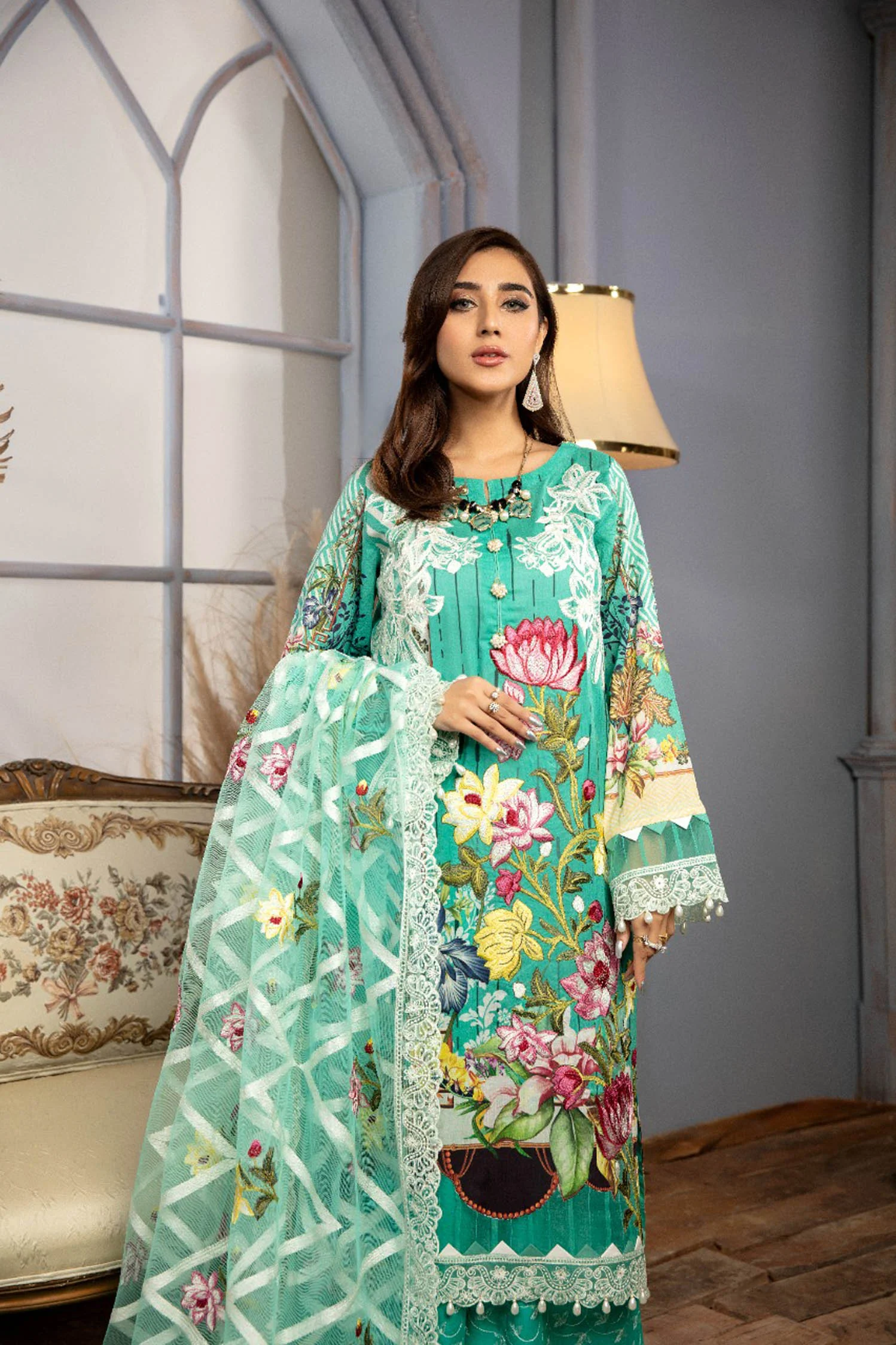 Forest Blue - Digital Printed & Schiffli Embroidered Lawn 3PC - Image 3