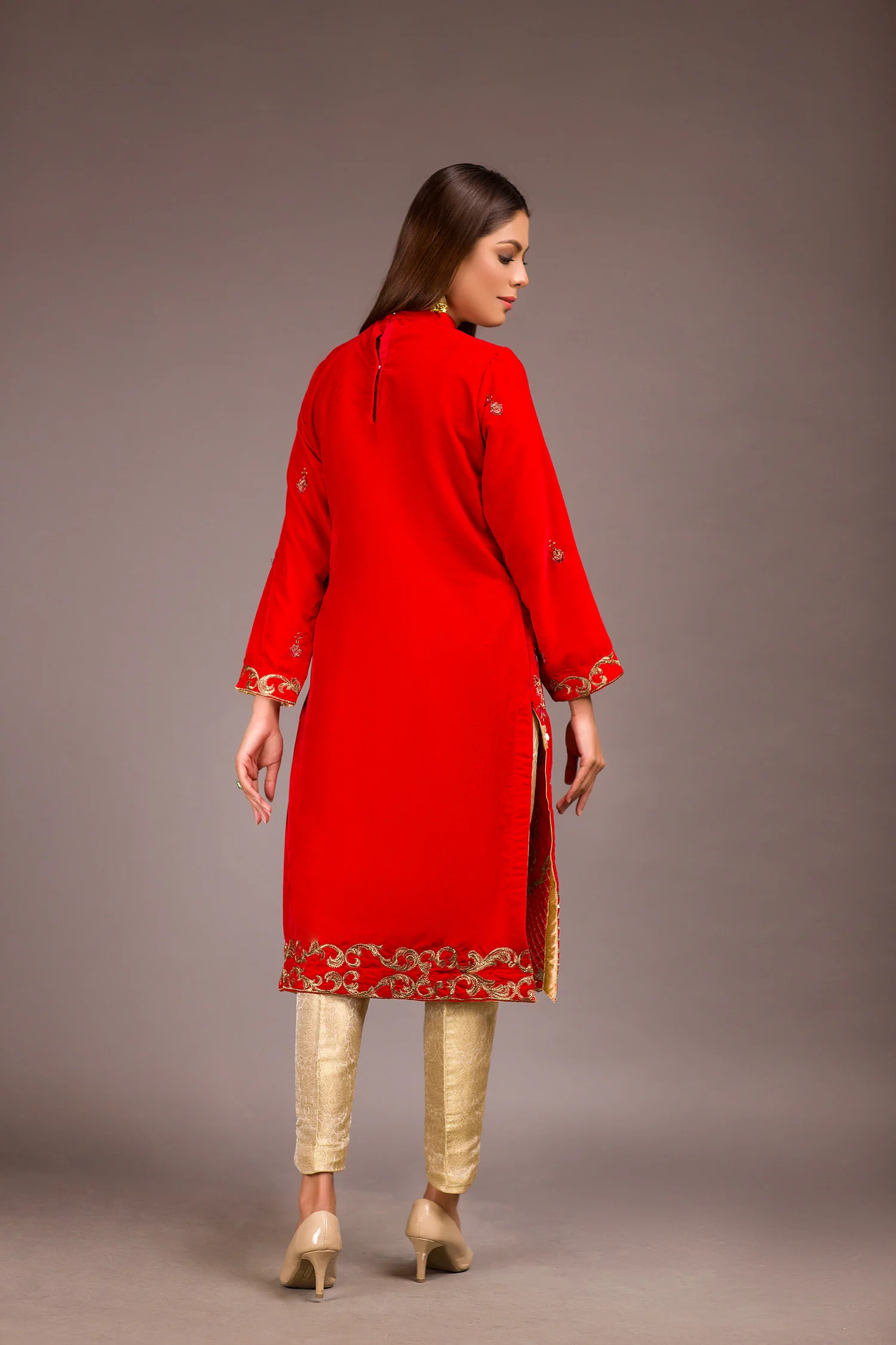 Glow Red - Embroidered Velvet Unstitch Kurti - Image 2