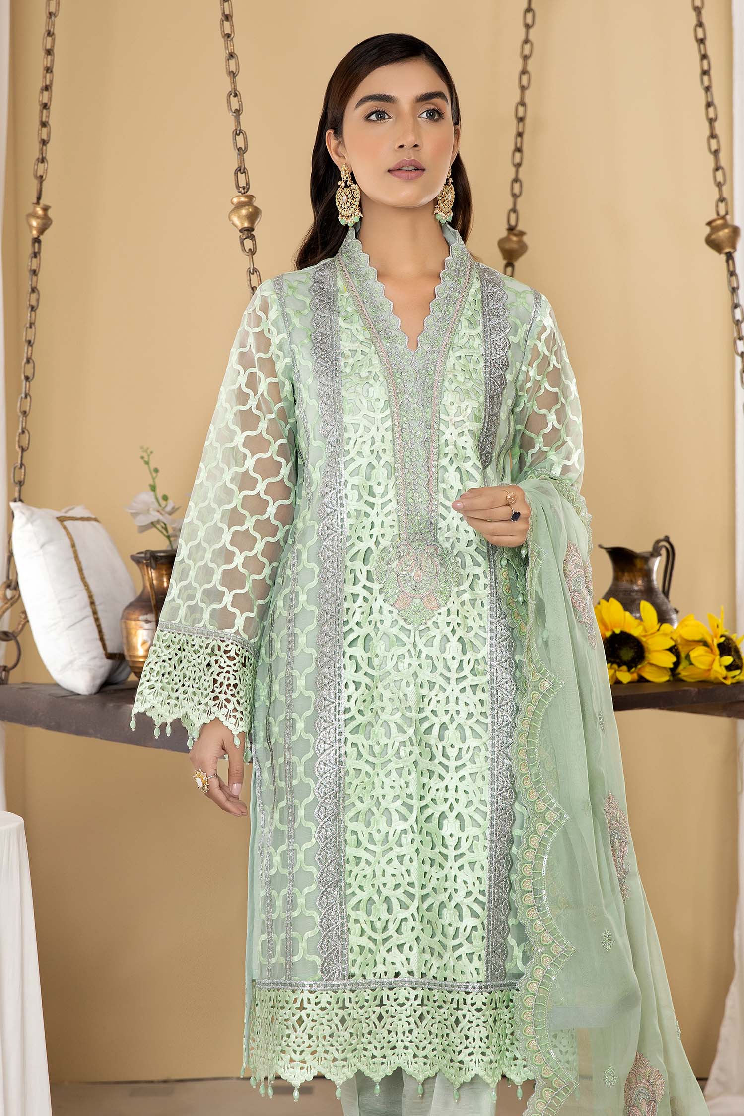 Green White - Stitched Embroidered Organza - Image 3
