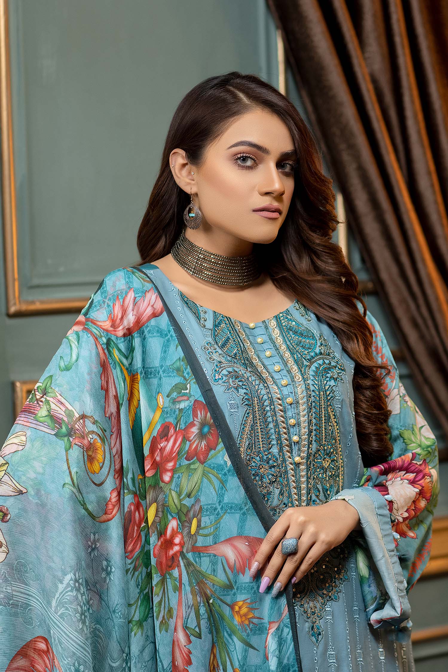 Grey Blue - Stitched Printed & Embroidered Lawn - Image 3