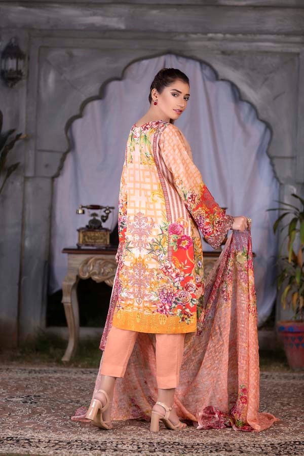 Light Apricot Digital Printed & Embroidered Karandi 3PC - Image 2