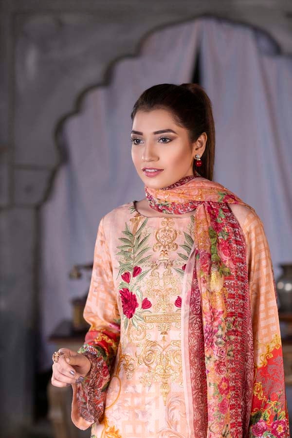 Light Apricot Digital Printed & Embroidered Karandi 3PC - Image 3