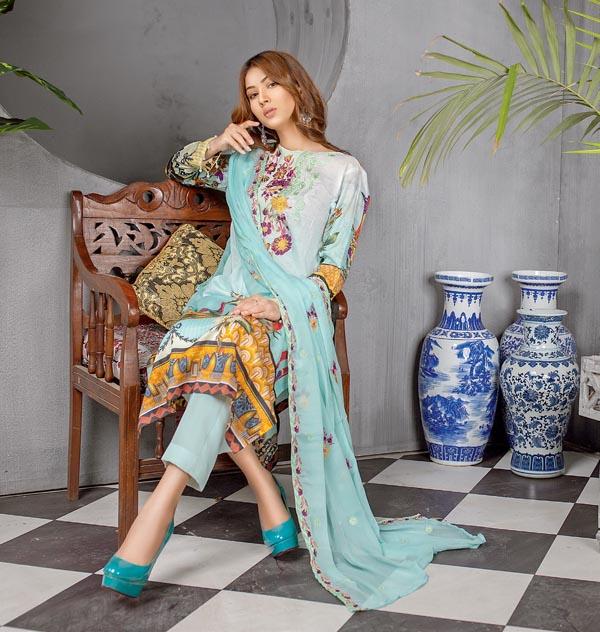 Carulean - Digital Printed Embroidered Lawn With Chiffon Dupatta - Image 2