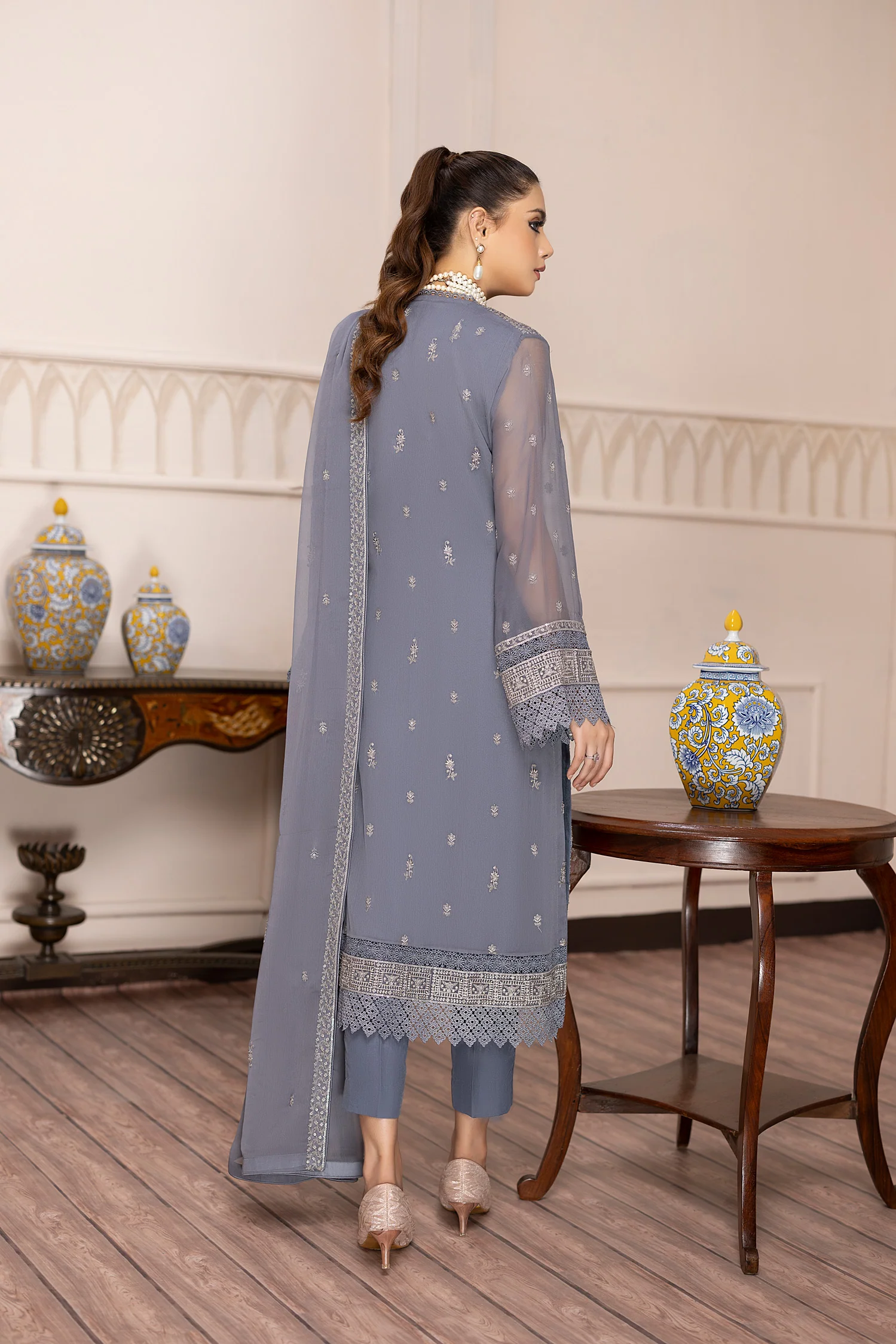Mist Grey - Embroidered Chiffon Pret 3PC - Image 2