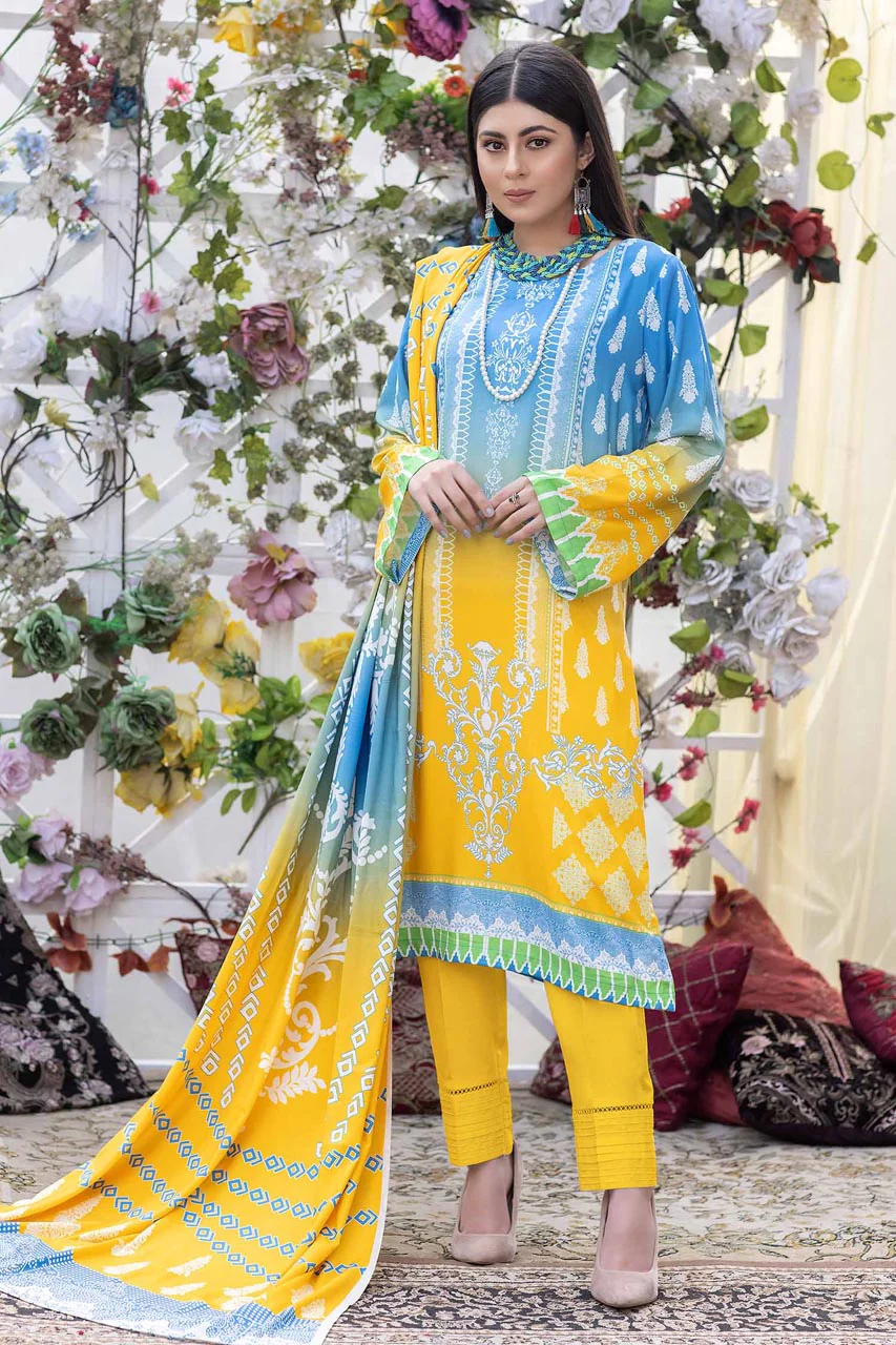 Pale Cerulean - Stitched Digital Printed Linen 3PC