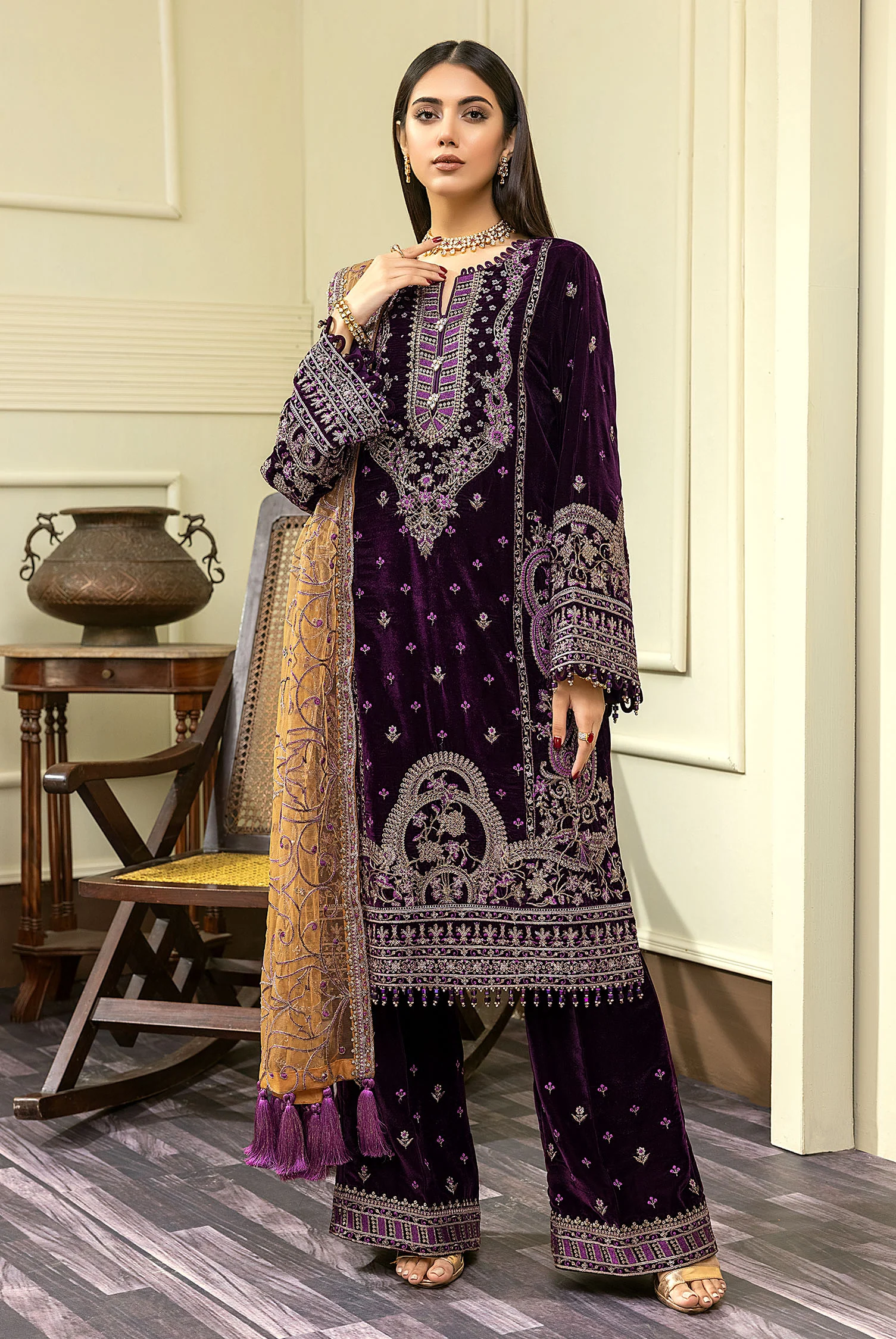 Palm Swill - Embroidered Velvet 3PC