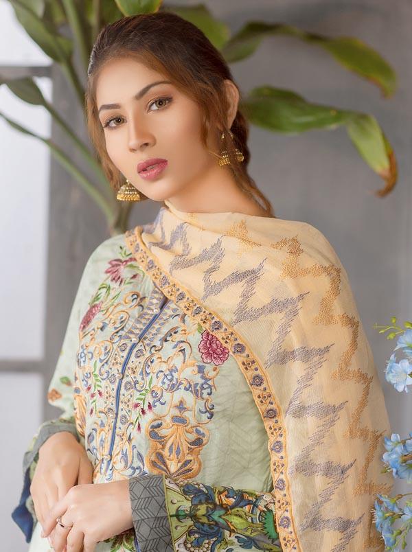 Pastachio - Digital Printed Embroidered Lawn With Chiffon Dupatta - Image 2
