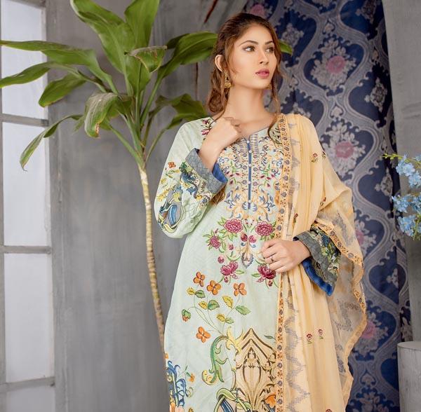 Pastachio - Digital Printed Embroidered Lawn With Chiffon Dupatta - Image 3