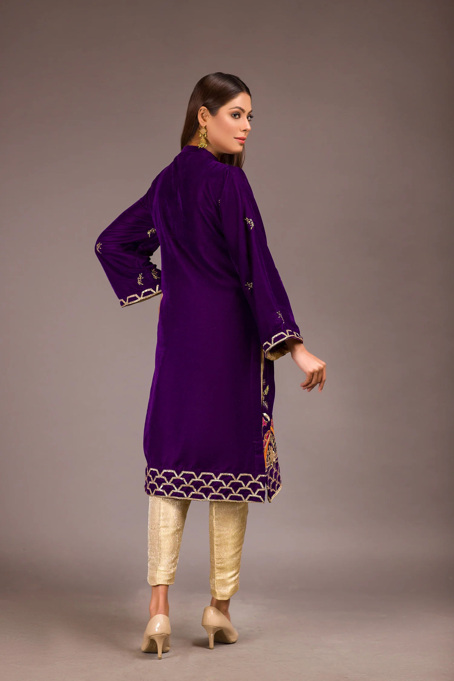 Pile - Embroidered Velvet Unstitch Kurti - Image 2