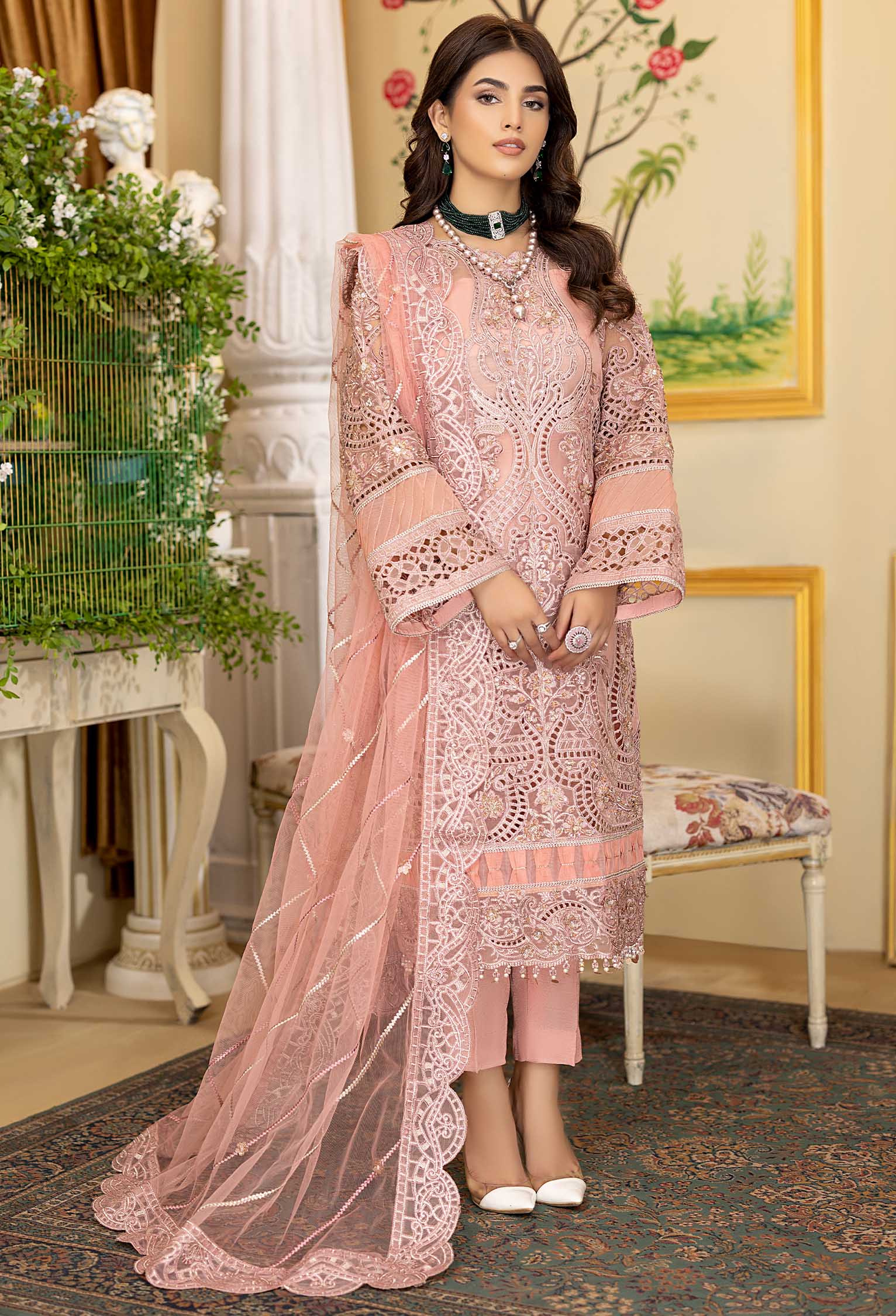 Pink Rosea - Embroidered Organza Stitched