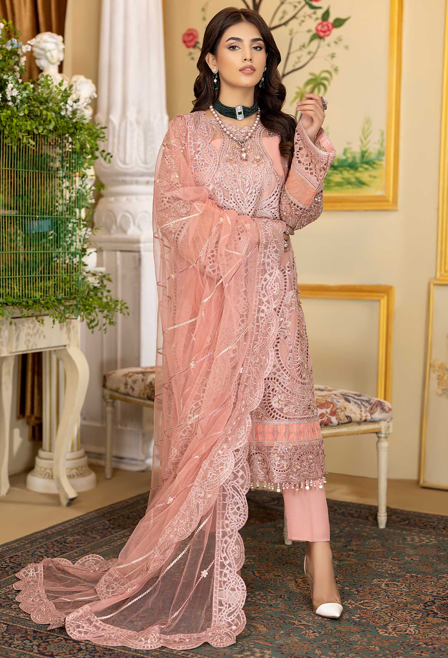 Pink Rosea - Embroidered Organza Stitched - Image 4