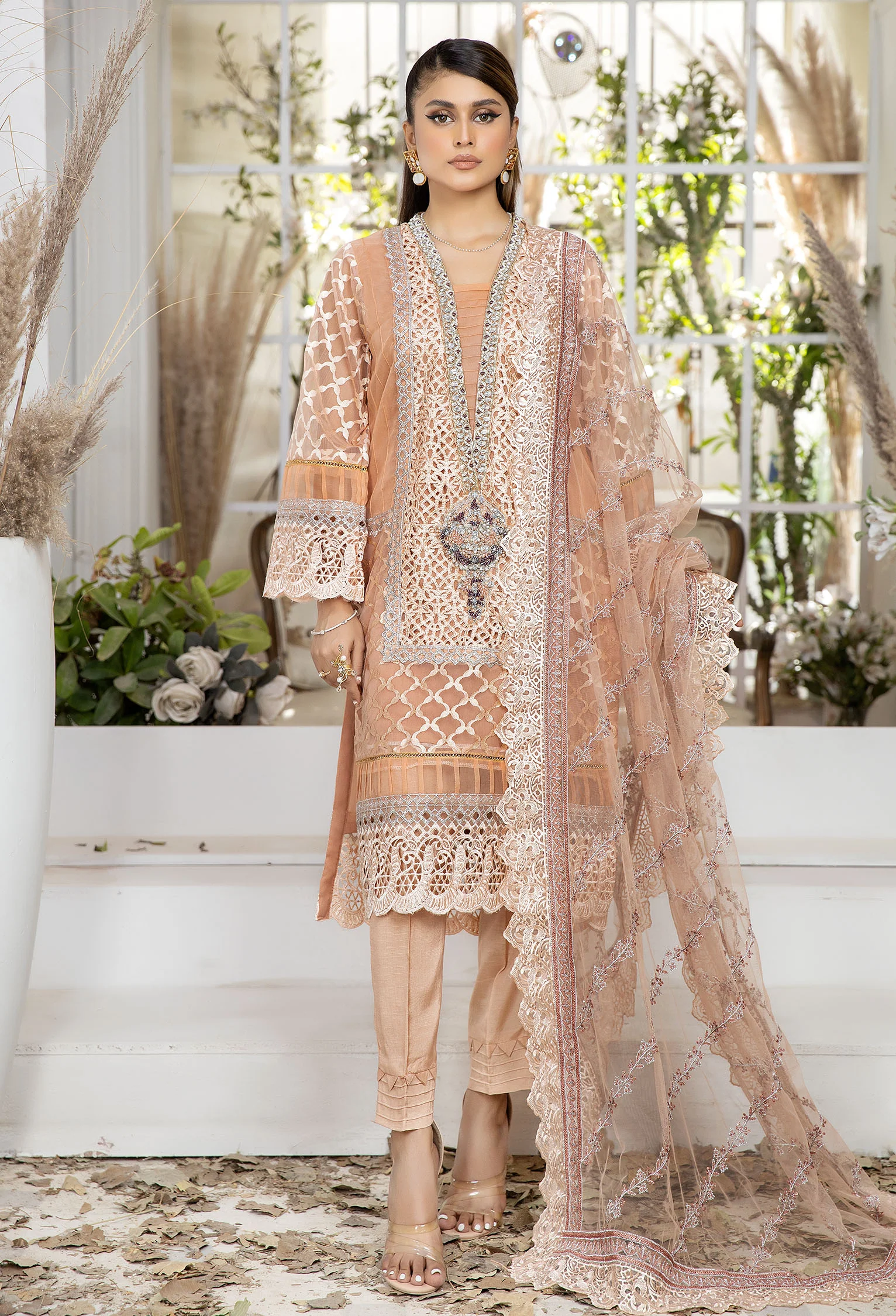 Pinkish Tan - Embroidered Organza Pret