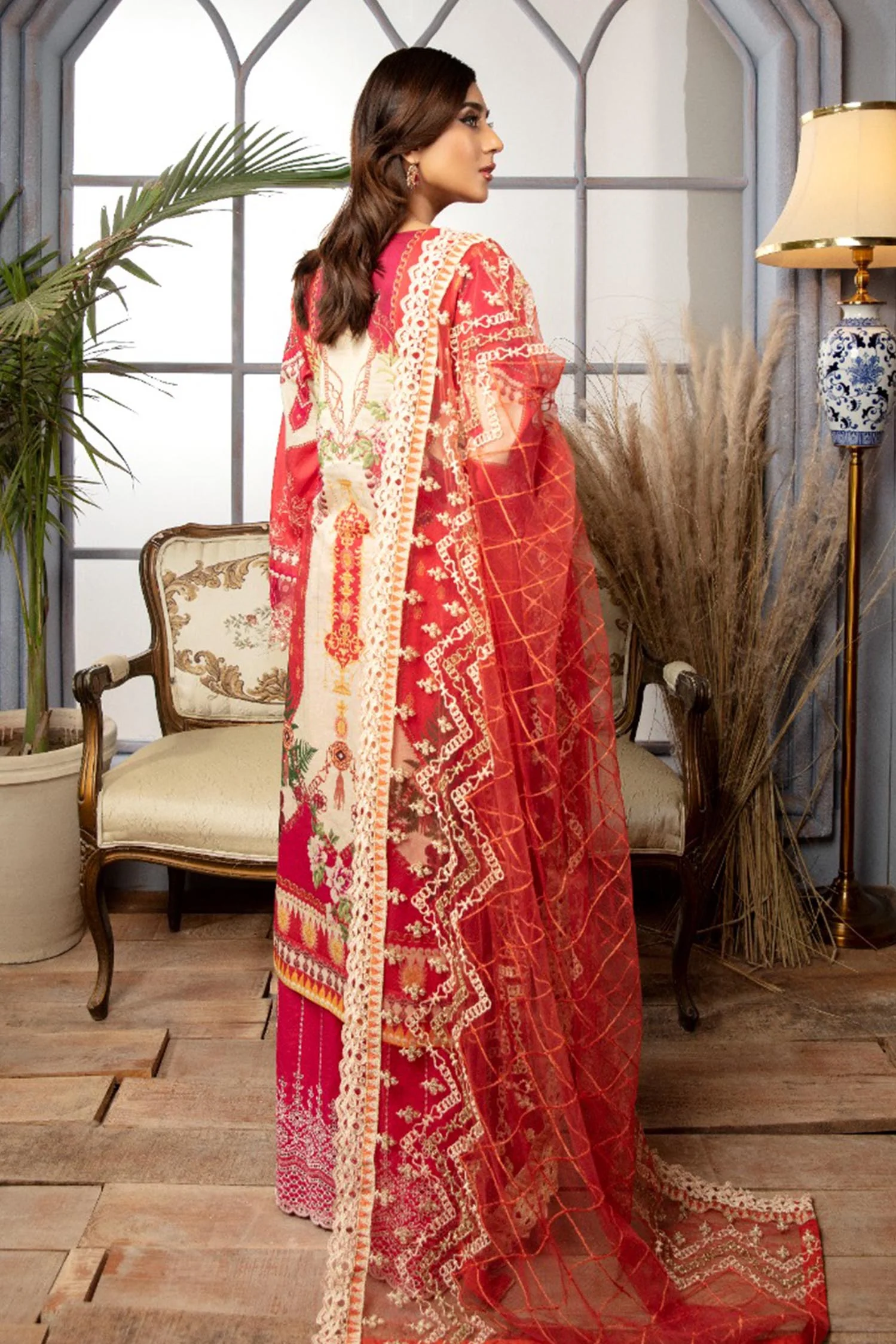 Razzle Red - Digital Printed & Schiffli Embroidered Lawn 3PC - Image 2
