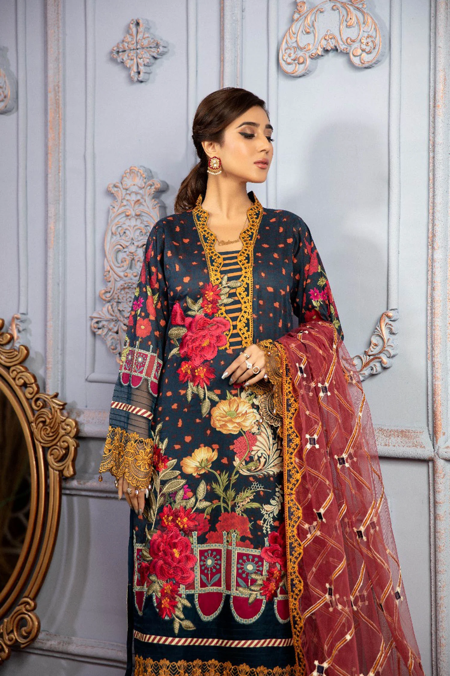 Rosa Dark - Digital Printed & Schiffli Embroidered Lawn 3PC - Image 3