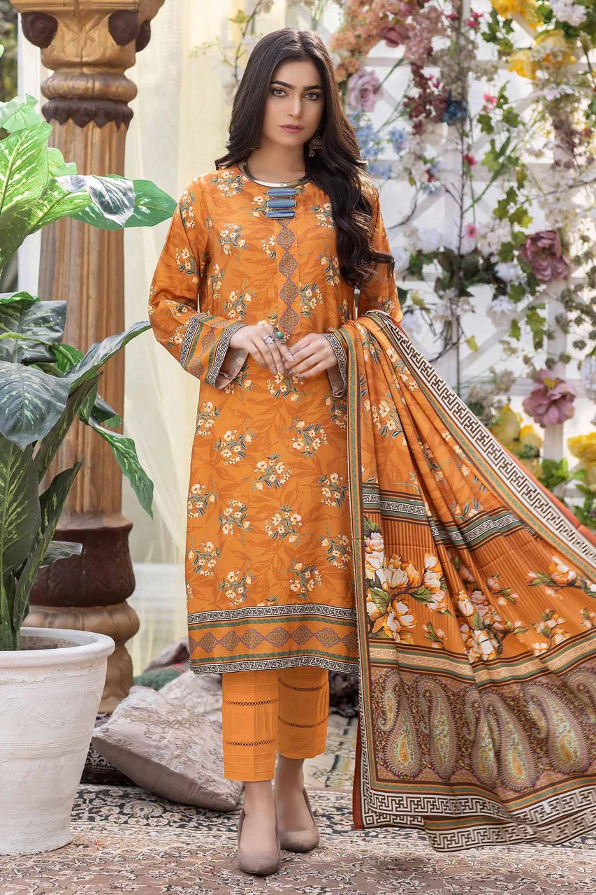 Rusty Orange - Stitched Digital Printed Linen 3PC