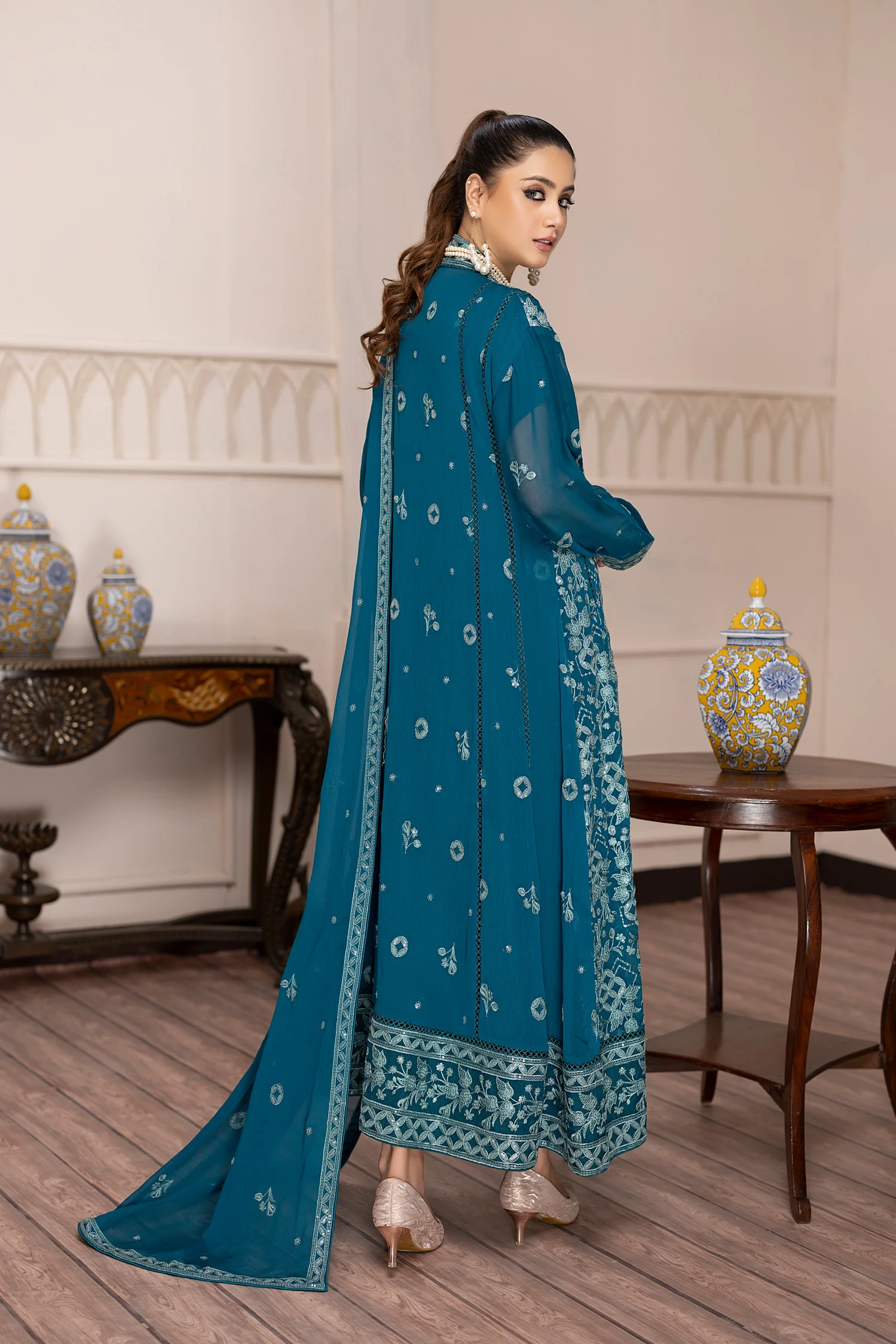 Saffron Glory - Embroidered Chiffon Gown Pret 3PC - Image 2