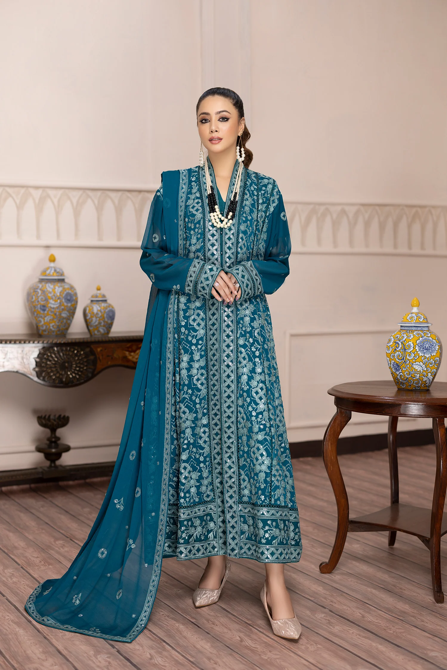 Saffron Glory - Embroidered Chiffon Gown Pret 3PC - Image 3