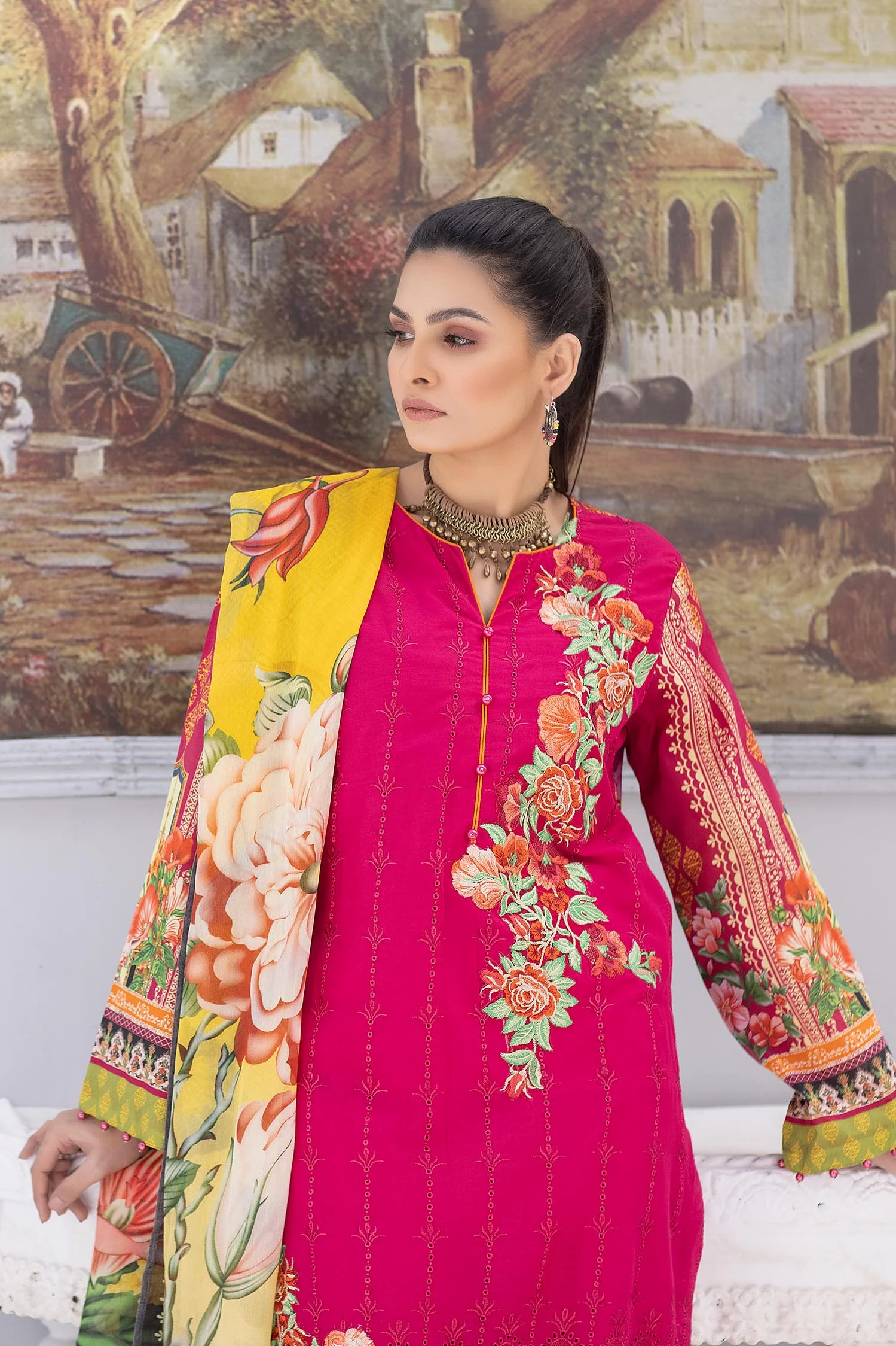 Shocking Pink - Embroidered Chikankari & Printed Lawn - Image 3