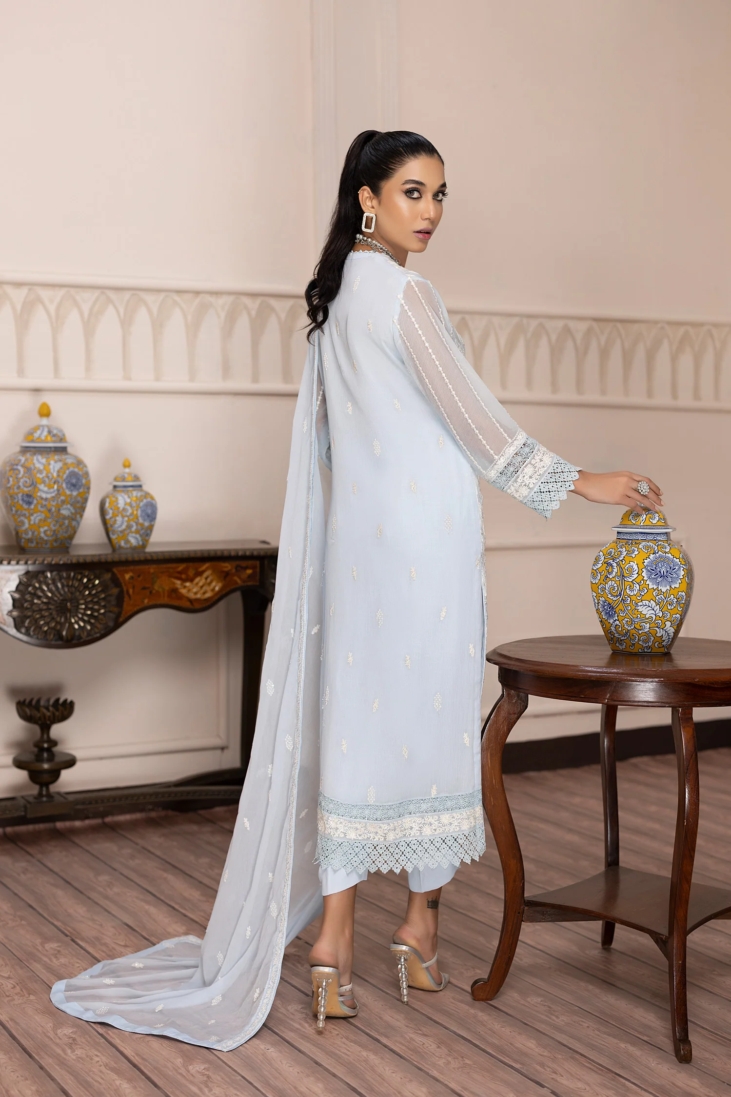 Sky Aqua - Embroidered Chiffon Pret 3PC - Image 2