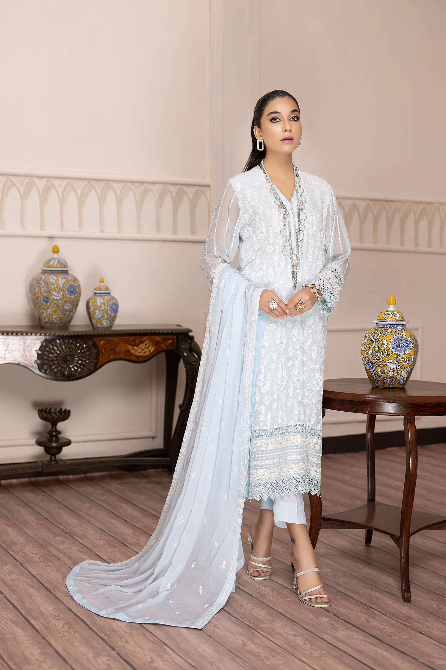 Sky Aqua - Embroidered Chiffon Pret 3PC - Image 3