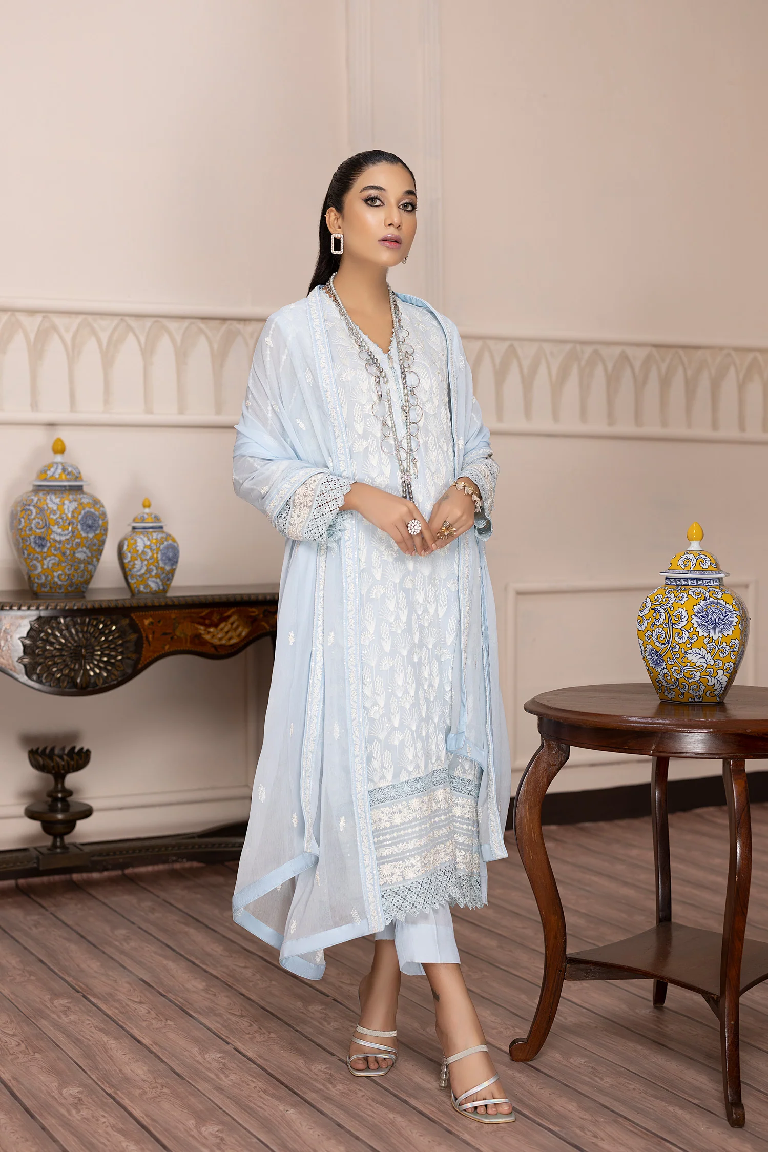 Sky Aqua - Embroidered Chiffon Pret 3PC - Image 4