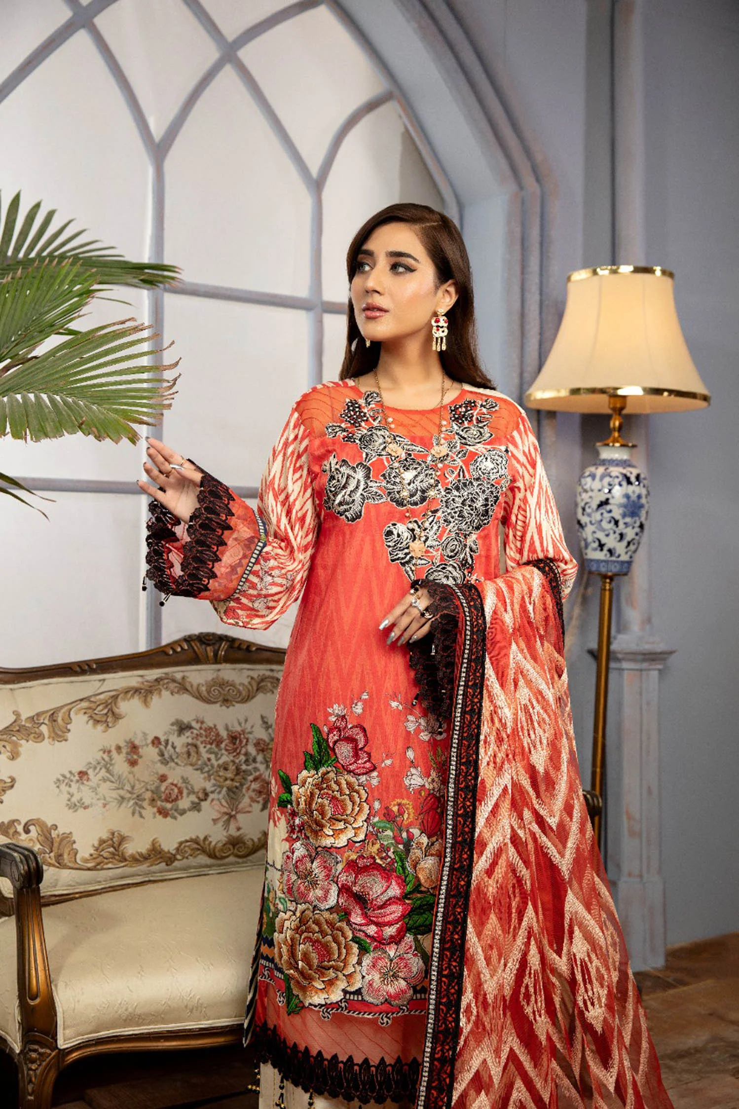 Sunset - Digital Printed & Schiffli Embroidered Lawn 3PC - Image 3
