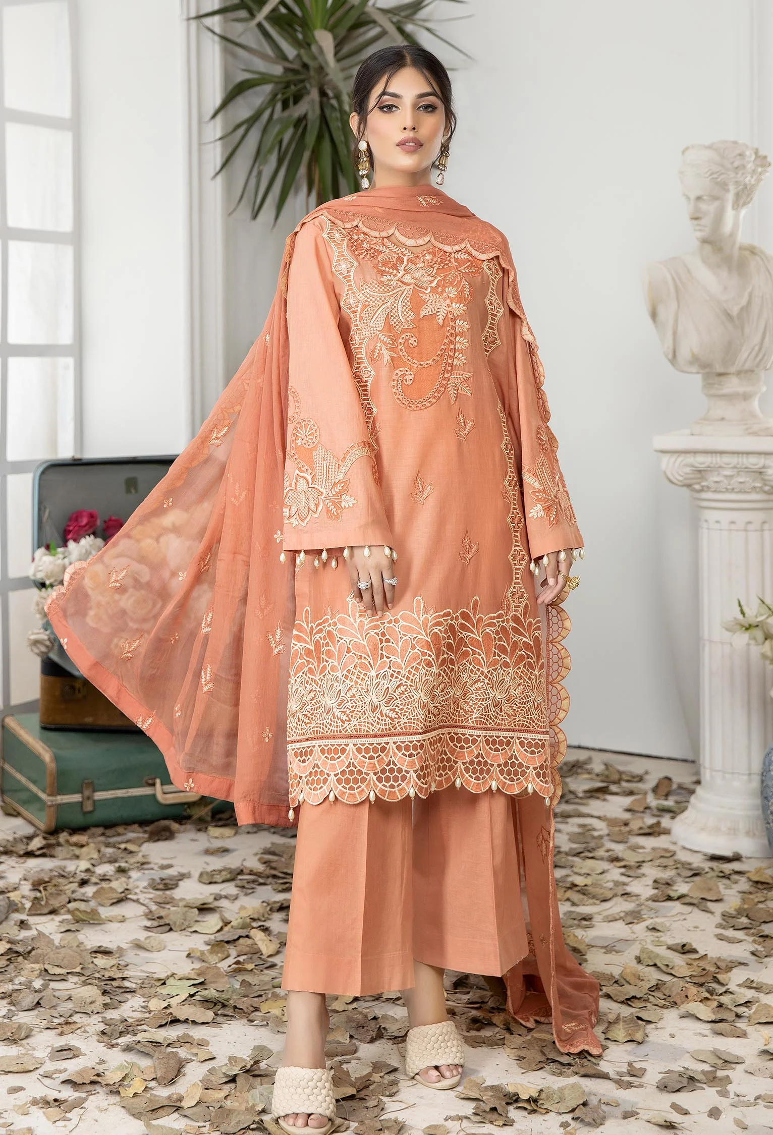 Vivid Tangerine - Embroidered Unstitched Lawn