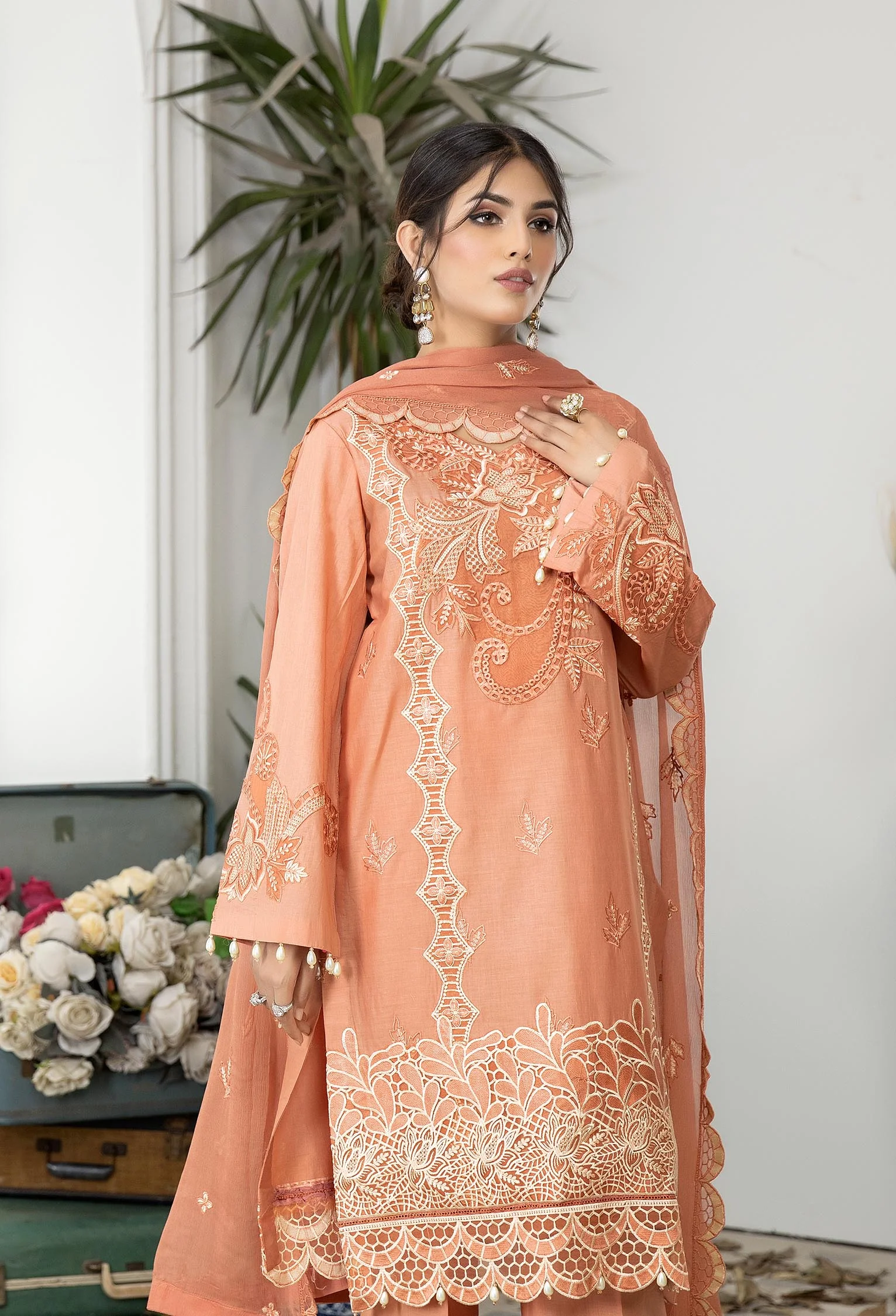 Vivid Tangerine - Embroidered Unstitched Lawn - Image 3