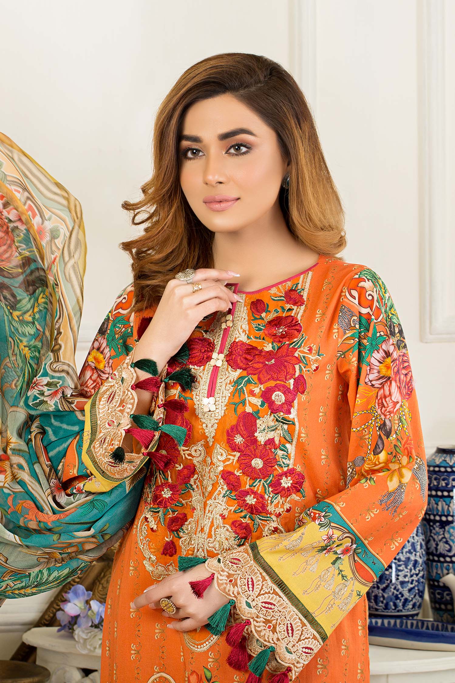 Yellowish Orange - Printed & Embroidered Swiss Lawn Stitched - Image 3