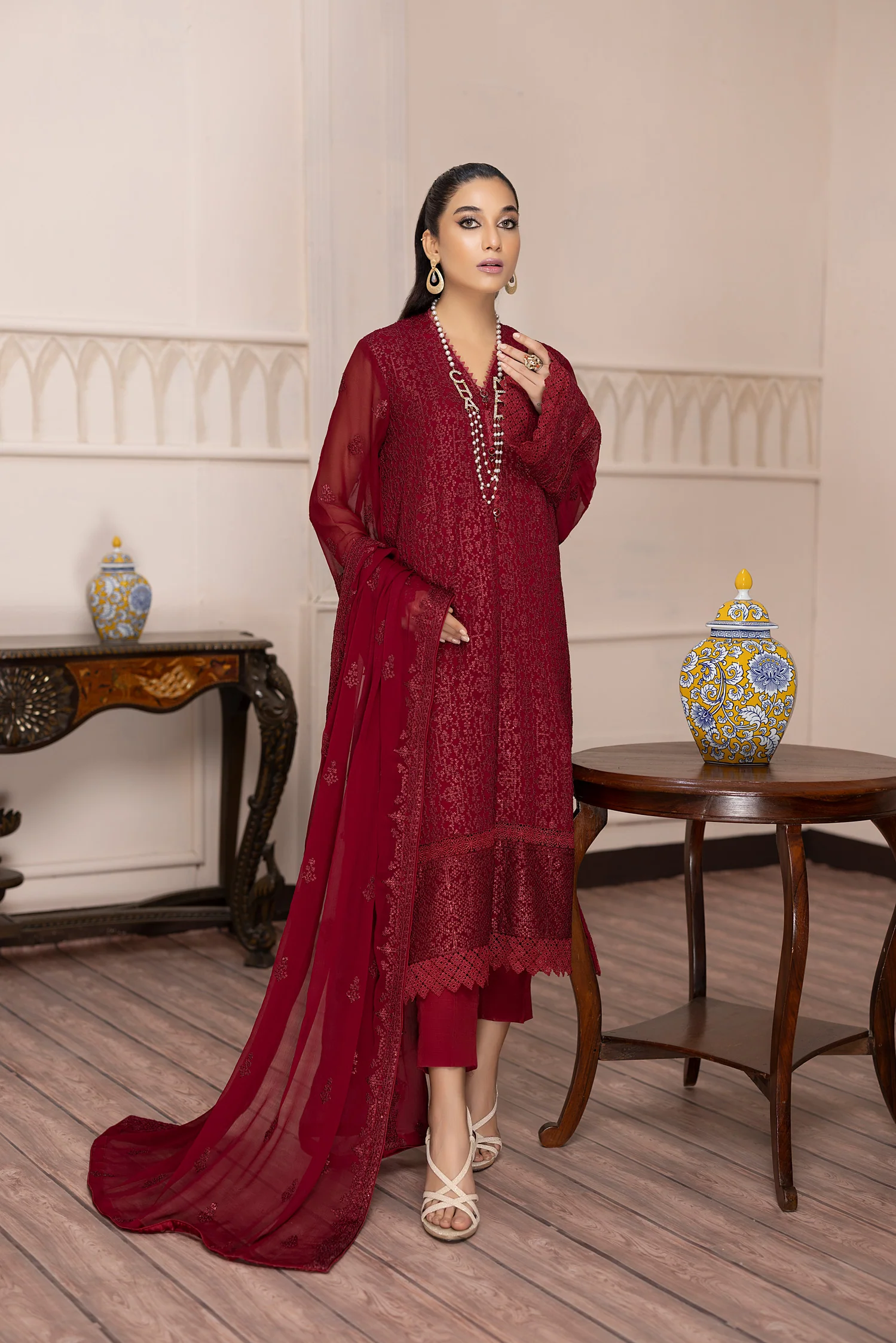 Zel Wine - Embroidered Chiffon Pret 3PC