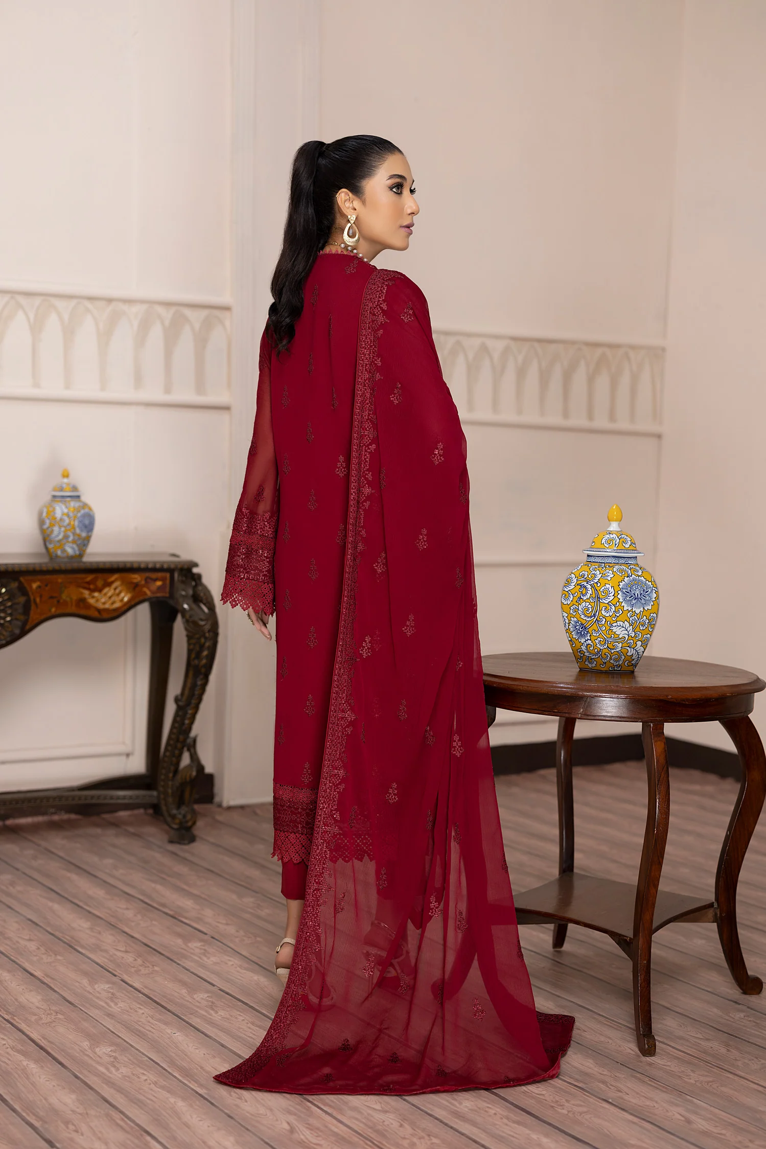 Zel Wine - Embroidered Chiffon Pret 3PC - Image 2