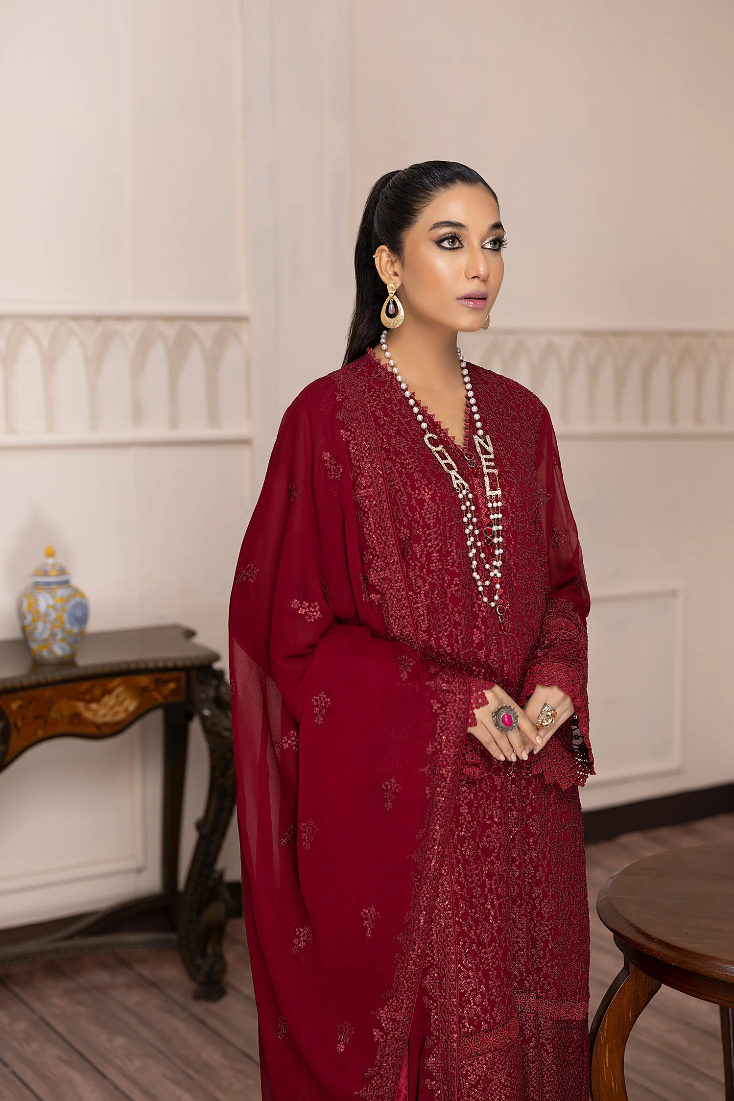 Zel Wine - Embroidered Chiffon Pret 3PC - Image 3